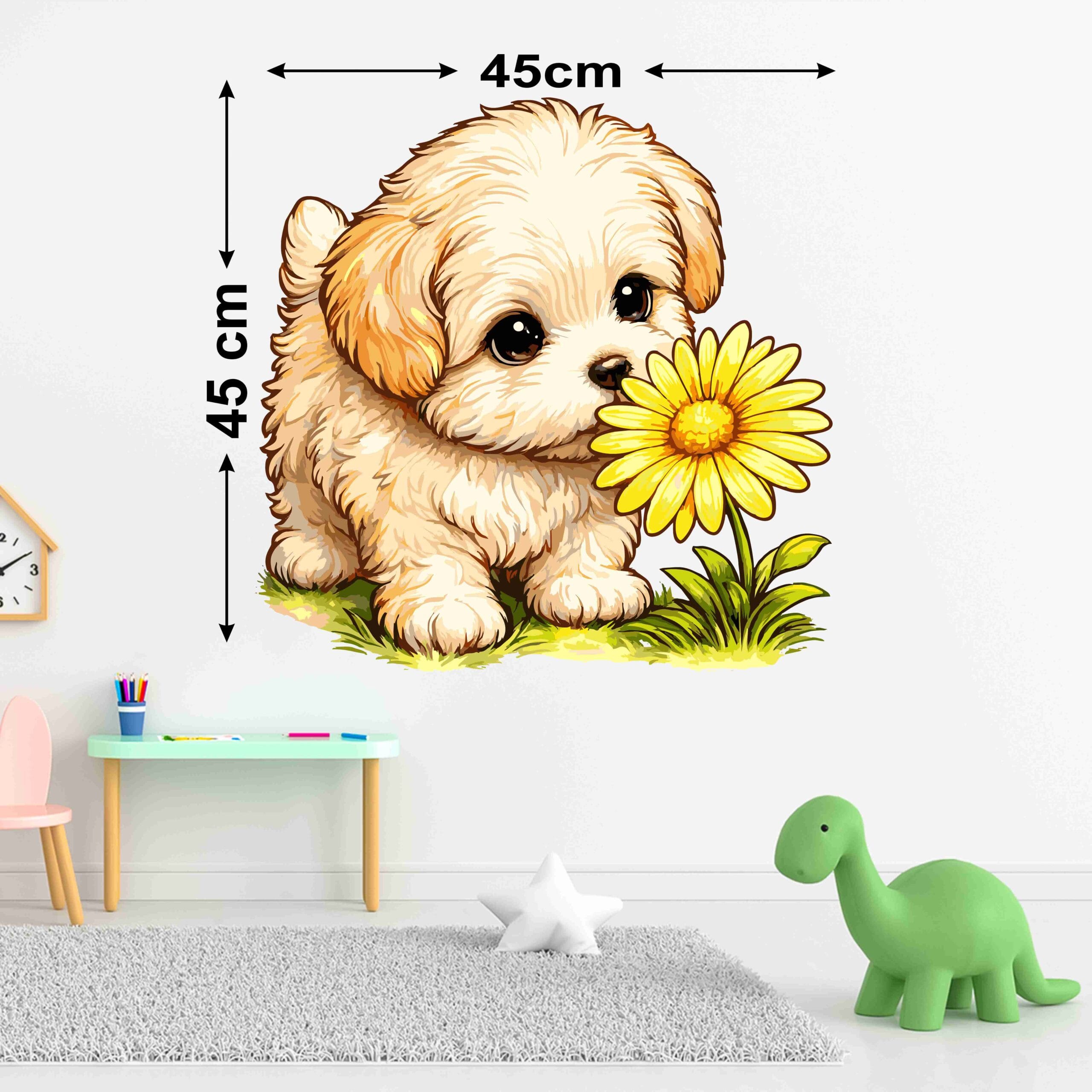 Cute puppy wall sticker with flower for kids room decor.