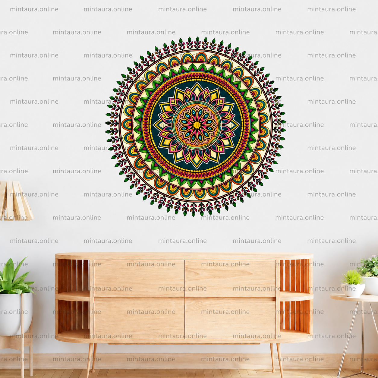 45cm x 45cm decorative mandala wall decal featuring colorful circular patterns and intricate floral details, ideal for living room, bedroom, office, yoga and meditation room decor.