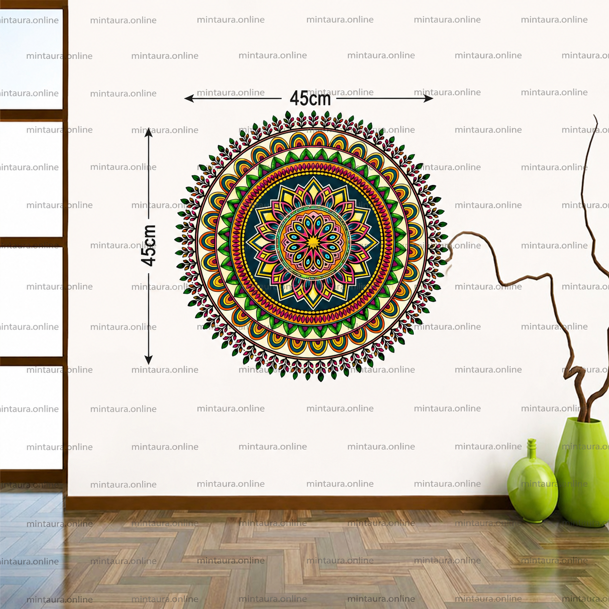 45cm x 45cm decorative mandala wall decal featuring colorful circular patterns and intricate floral details, ideal for living room, bedroom, office, yoga and meditation room decor.