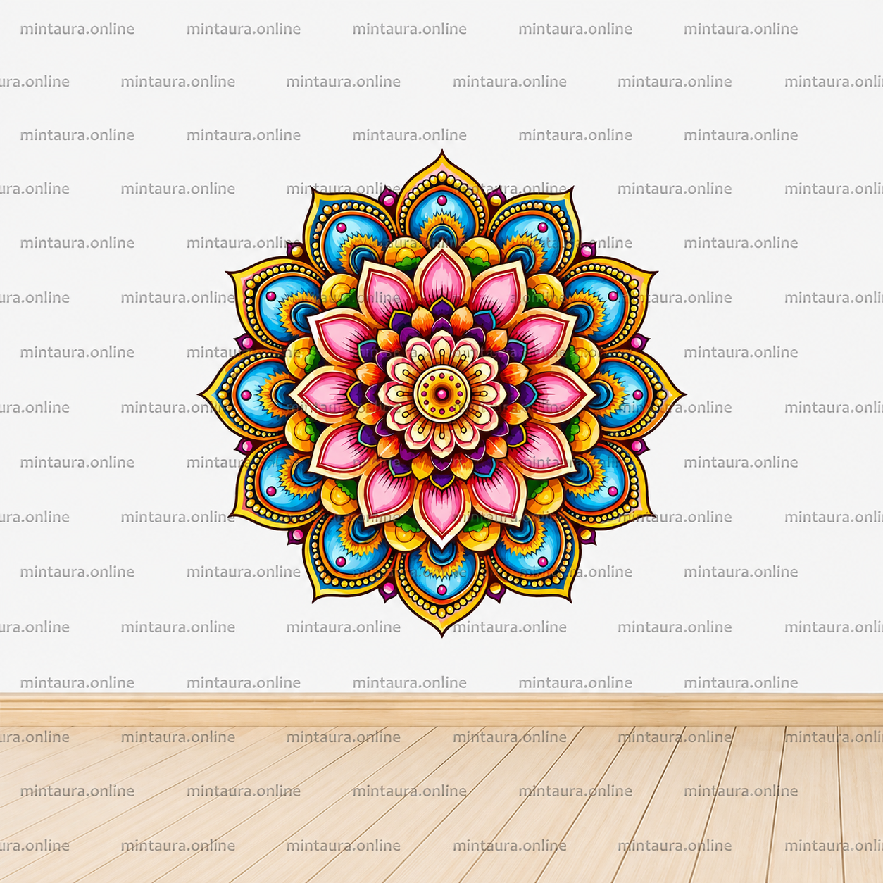 Colorful mandala decal wall sticker featuring vibrant floral patterns in pink, blue, yellow, and orange, measuring 45cm x 45cm, ideal for home and office wall decoration.