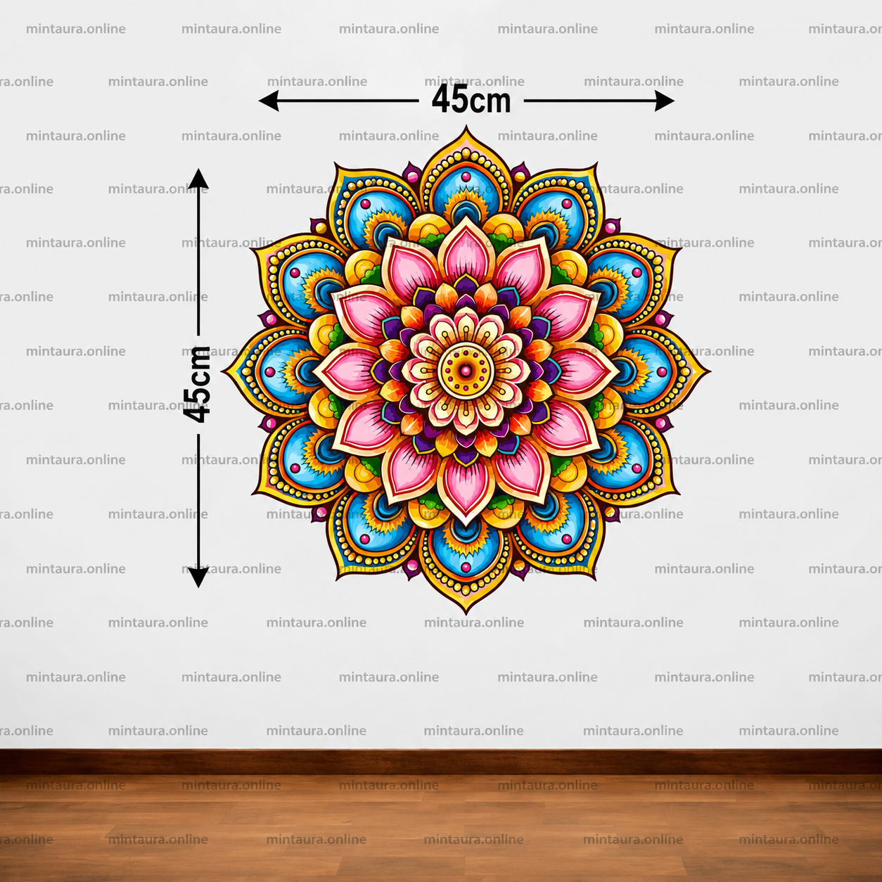 Colorful mandala decal wall sticker featuring vibrant floral patterns in pink, blue, yellow, and orange, measuring 45cm x 45cm, ideal for home and office wall decoration.