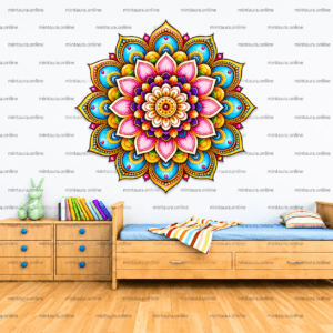 Colorful mandala decal wall sticker featuring vibrant floral patterns in pink, blue, yellow, and orange, measuring 45cm x 45cm, ideal for home and office wall decoration.