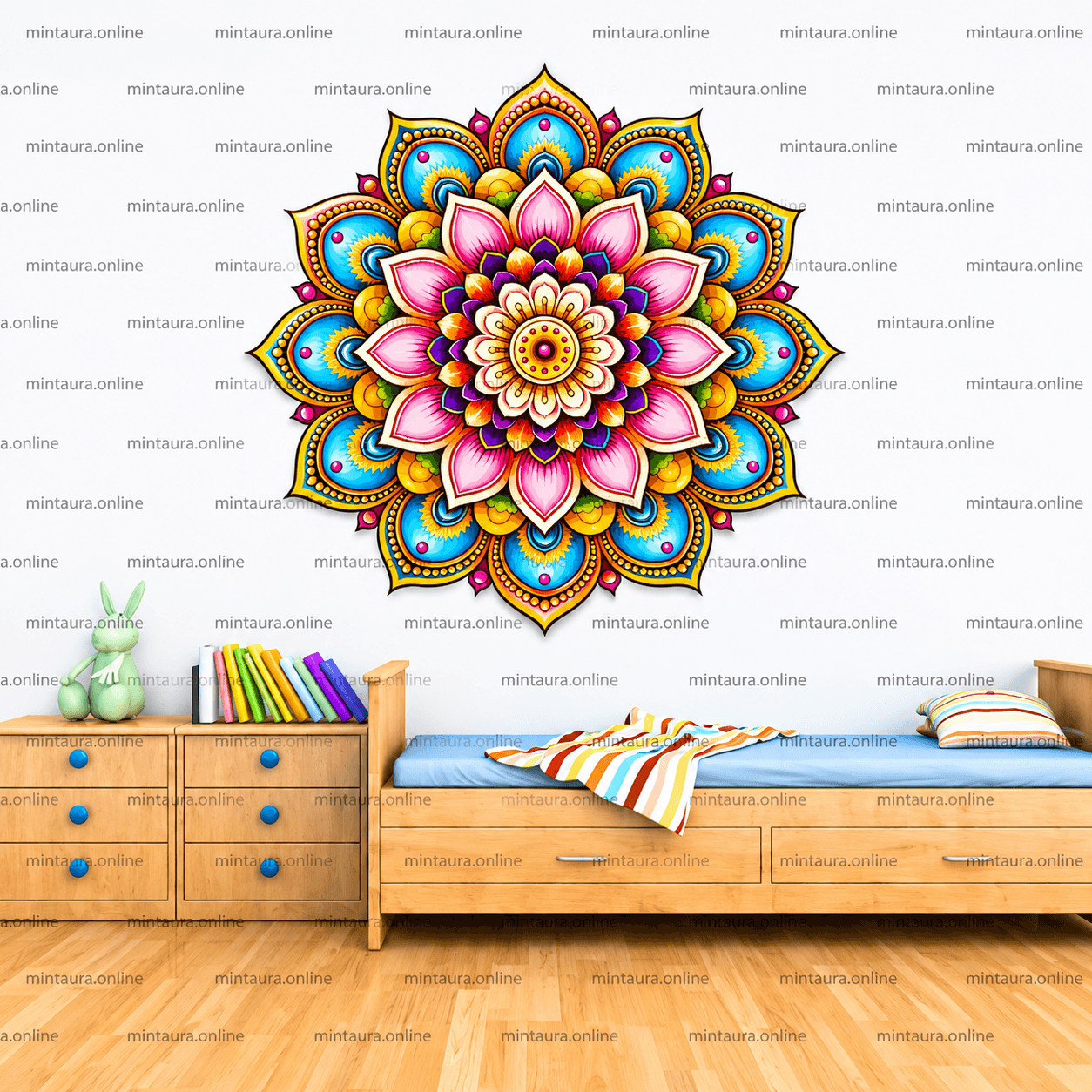 Colorful mandala decal wall sticker featuring vibrant floral patterns in pink, blue, yellow, and orange, measuring 45cm x 45cm, ideal for home and office wall decoration.
