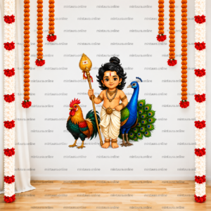 Lord Murugan wall sticker with peacock and rooster, spiritual PVC vinyl wall decal for pooja room, temple, and home decor, 45x45 cm.