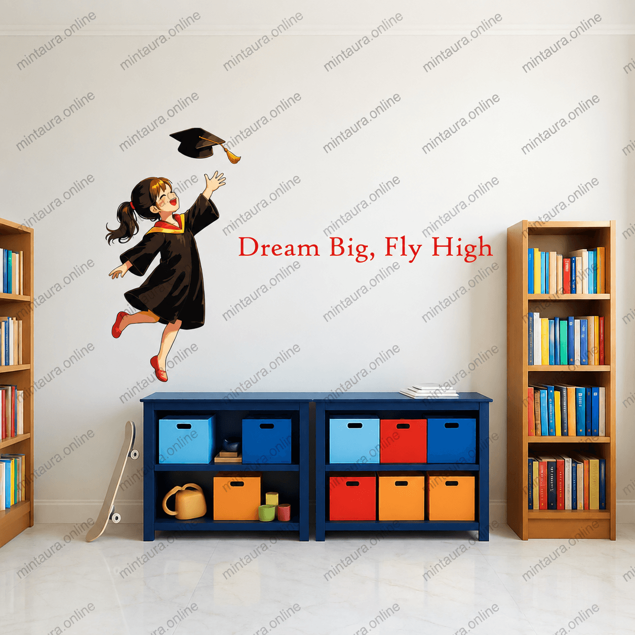 Cute graduation girl wall sticker with Dream Big Fly High motivational quote for kids room, study room, classroom, and educational wall decor.