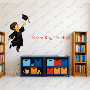 Graduation boy wall sticker with Dream Big Fly High motivational quote for kids room, classroom, study room, and educational wall decor.