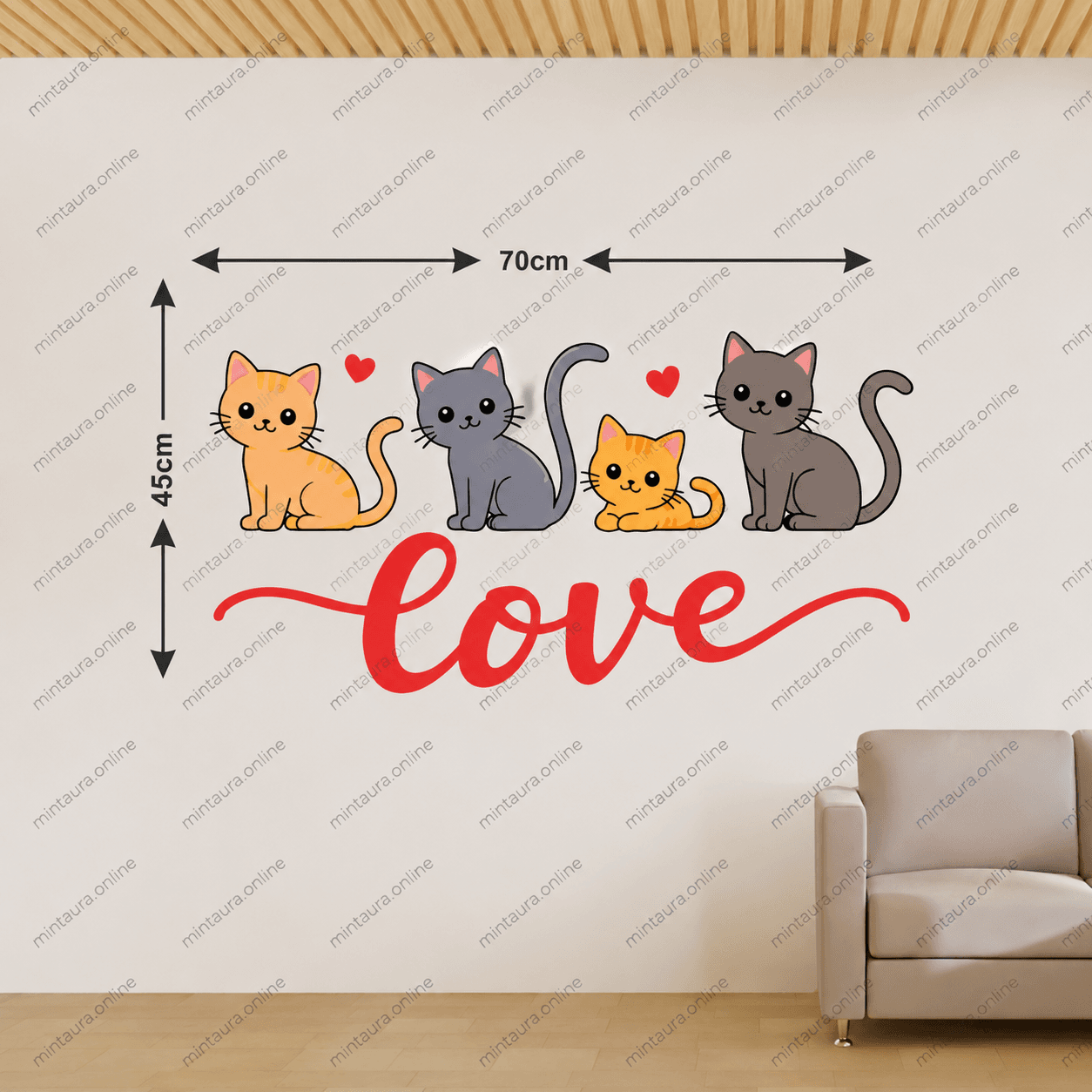 Cute cartoon cat family wall sticker with red love text and heart symbols for bedroom, nursery, kids room, and home decor.