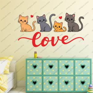 Cute cartoon cat family wall sticker with red love text and heart symbols for bedroom, nursery, kids room, and home decor.