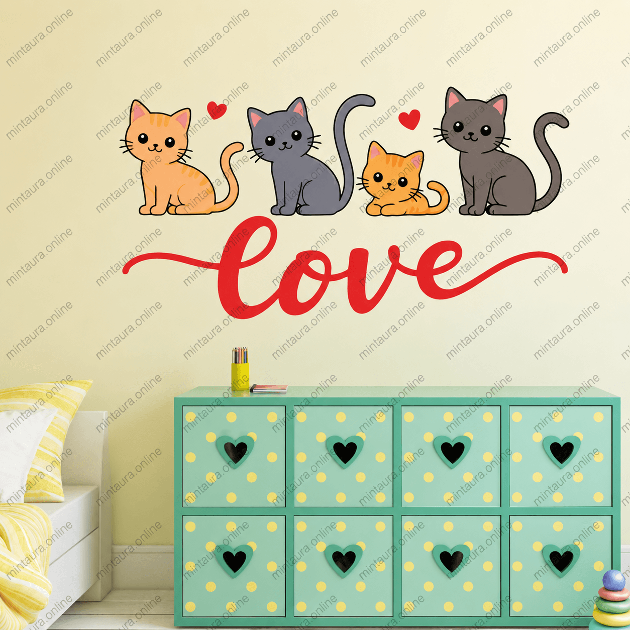 Cute cartoon cat family wall sticker with red love text and heart symbols for bedroom, nursery, kids room, and home decor.