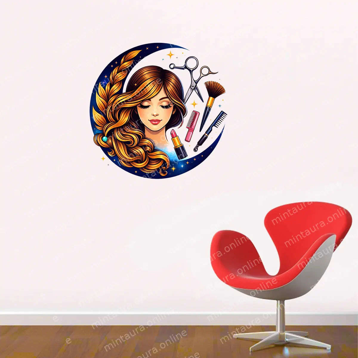 Beauty salon wall sticker featuring a woman with flowing hair, makeup brush, scissors, comb, and lipstick for salon and parlour decor.