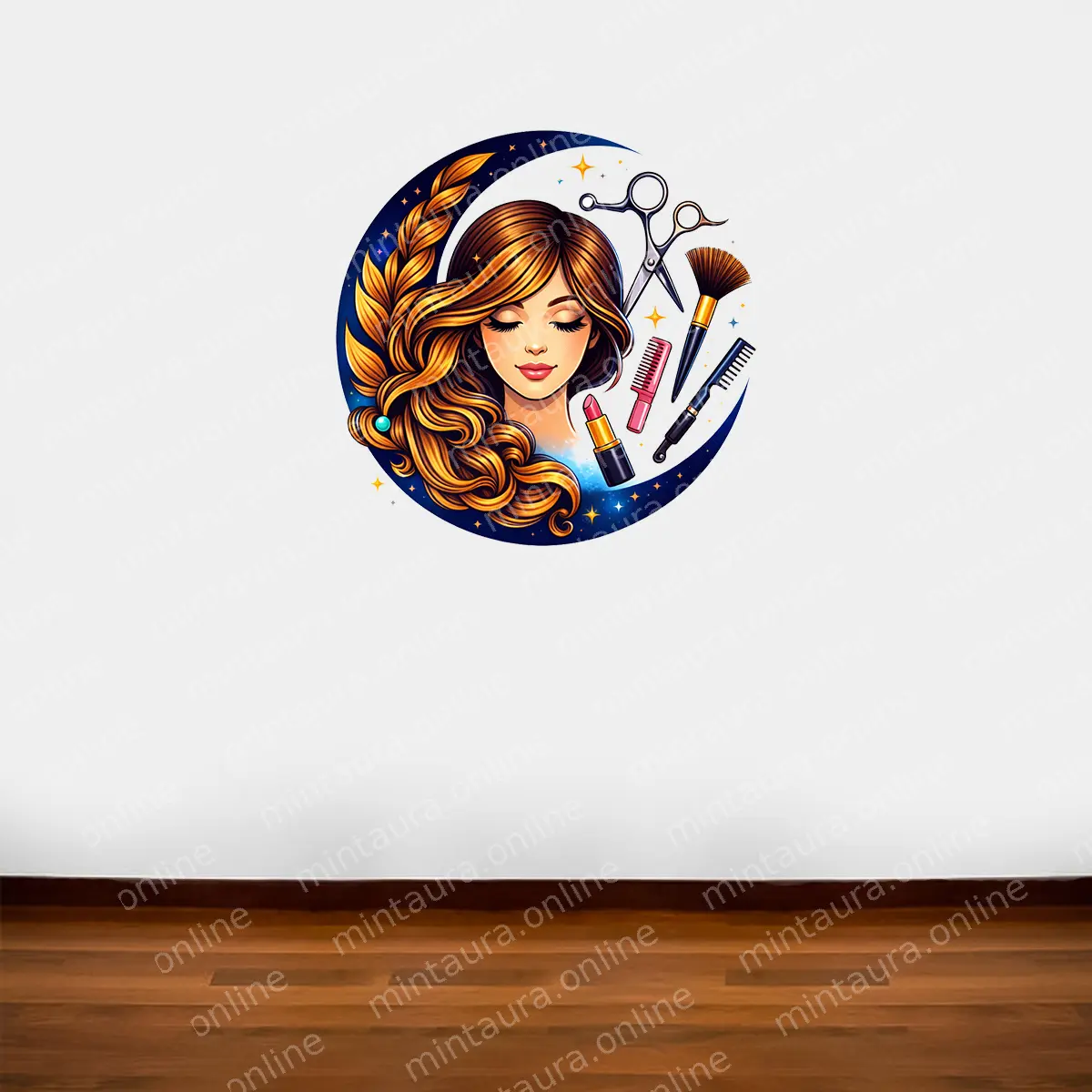 Beauty salon wall sticker featuring a woman with flowing hair, makeup brush, scissors, comb, and lipstick for salon and parlour decor.