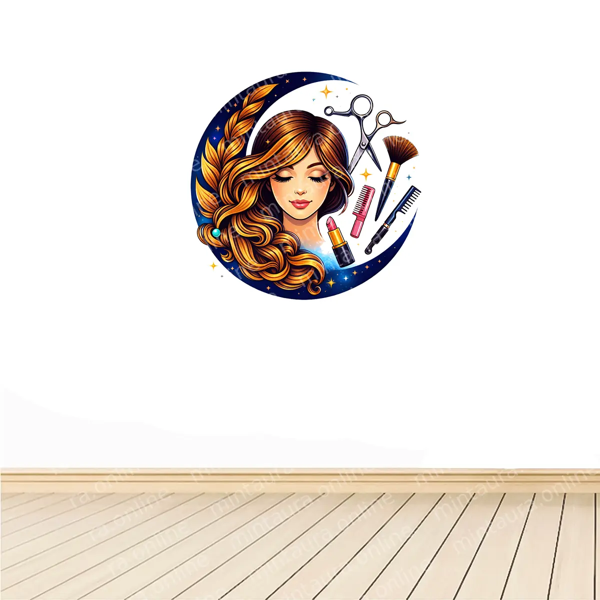 Beauty salon wall sticker featuring a woman with flowing hair, makeup brush, scissors, comb, and lipstick for salon and parlour decor.