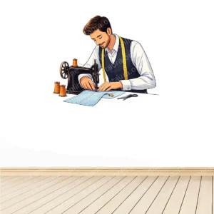 Tailor sewing machine wall sticker featuring a tailor stitching fabric on a sewing machine, ideal for tailoring shops, boutiques, and fashion studios.